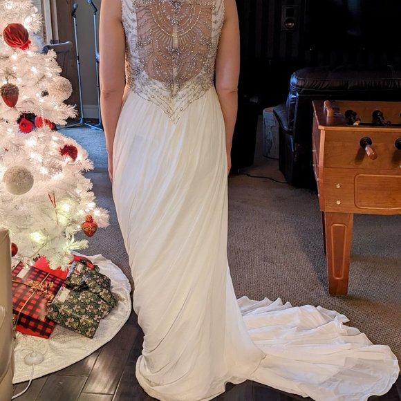 Chiffon V-Neck Sheer Back Wedding Dress - Picture 2 of 5